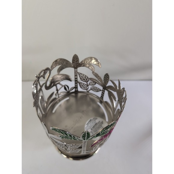Bath & Body Works Pink Flamingos Palm Trees Pedestal 3-Wick Candle Holder Silver - Picture 5 of 6